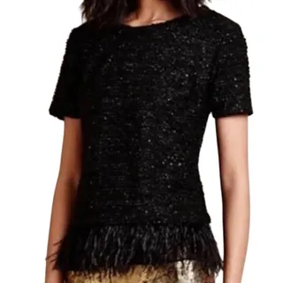 Photo of Ann Taylor Black Sequin Short Sleeve Feather Trim Round Neck Shirt Top Size XS