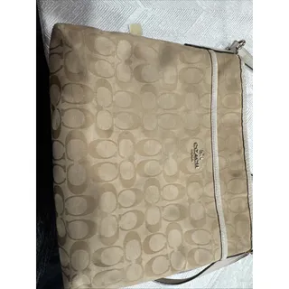 Photo of Coach Signature Jacquard Shoulder Bag — Khaki/Beige with Cream Leather Trim