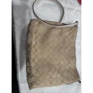 Photo of Coach Signature Jacquard Shoulder Bag — Khaki/Beige with Cream Leather Trim