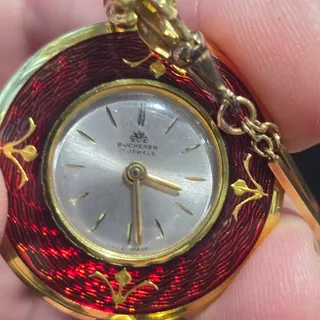 Photo of Vintage Bucherer 17 Jewel Swiss Red Enamel Pendant Watch w/ Chain