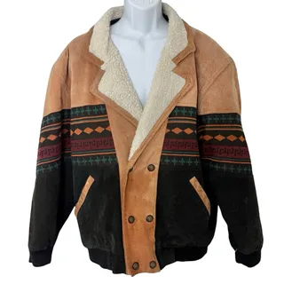 Photo of Vintage 90s Tan Black Leather Southwest Sherpa Lined Trucker Jacket size XXL