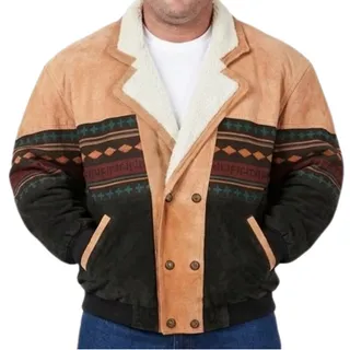 Photo of Vintage 90s Tan Black Leather Southwest Sherpa Lined Trucker Jacket size XXL