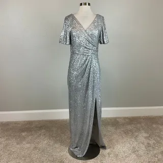 Photo of Adrianna Papell Silver Evening Gown Sequined Short Sleeve Column Dress Size 6