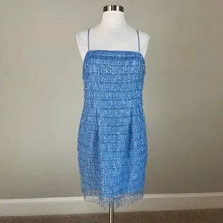 Photo of Aidan Mattox Blue Cocktail Dress Sequined Fringe Sleeveless Mini Sheath Size 6