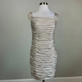 Photo of Aidan Mattox Silver Cocktail Dress Metallic Off the Shoulder Mini Sheath Size 14