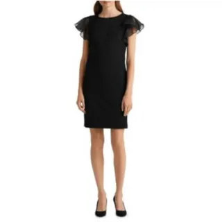 Photo of Ralph Lauren Black Cocktail Dress Short Flutter Sleeve Knee Length Shift Size 6