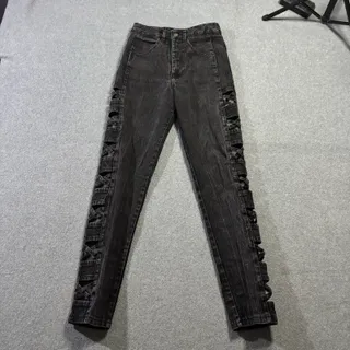 Photo of Vtg Watch LA Side Lace Up Jeans Black High Waist Tapered Skinny USA 7/8 26x29.5