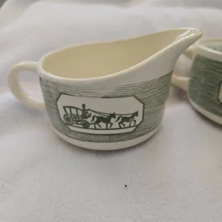 Photo of MCM Creamer and Sugar Bowl, Horse and Carriage, Cream and Green COTTAGE CORE
