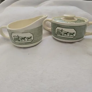 Photo of MCM Creamer and Sugar Bowl, Horse and Carriage, Cream and Green COTTAGE CORE