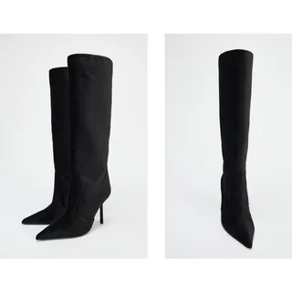 Photo of Zara 2000/510 Black Velvet Effect Tall Knee High Boots Skinny Heel Size 10 41 NWT