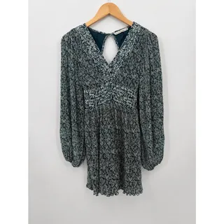Photo of Abercrombie & Fitch Floral Open Back Pleated Mini Dress Teal Long Sleeve XXS