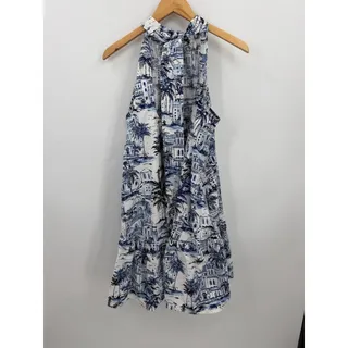 Photo of Calypso St Barth Blue White Toile De Jouy Halter Cotton Ruffle Resort Dress Sz L