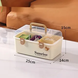 Photo of cream-colored plastic medicine storage box with a transparent lid