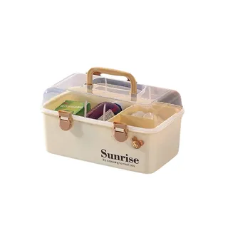 Photo of cream-colored plastic medicine storage box with a transparent lid