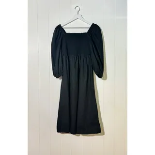 Photo of J.Crew Smocked Puff Sleeve Midi Dress Womens S Black Cotton Re-Imagined BD995