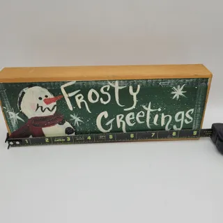 Photo of Frosty Greetings Hand-painted wood block folk art shelf sitter door stop 9”long