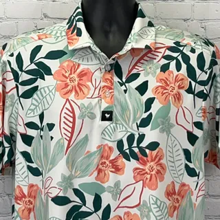 Photo of Bad Birdie Leafing Core Polo Shirt L Large White Floral Leaves Short Sleeve Golf