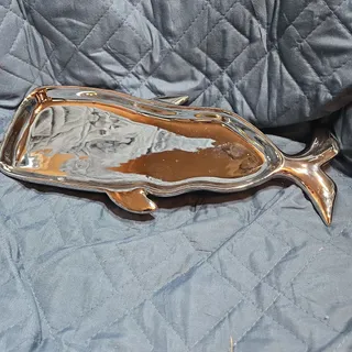 Photo of Large Metalic Glazed Ceramic Whale Serving Tray Dish 13” Coastal Nautical Decor