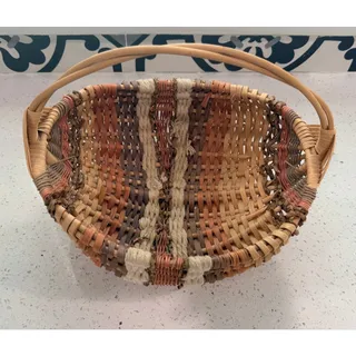 Photo of Vintage Handmade Dyed Reed Basket Woven Folk Art Oval Handle 12x10 Boho