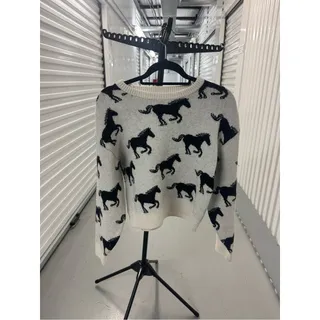 Photo of & Other Stories Ivory Crewneck Sweater with Black Horse Motif western whimsy S