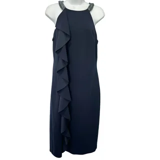 Photo of Lauren Ralph Lauren Navy Blue Beaded Halter Ruffle Sheath Dress size 10 NEW Tags