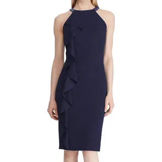 Photo of Lauren Ralph Lauren Navy Blue Beaded Halter Ruffle Sheath Dress size 10 NEW Tags