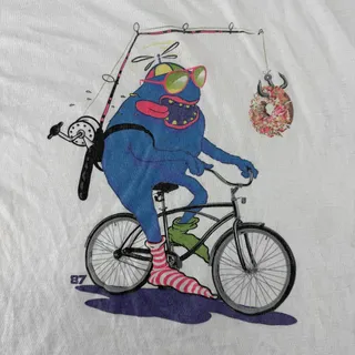 Photo of Vintage Mad Engine Monster Donut Bicycle Shirt Mens Large White 80s Graphic Tee