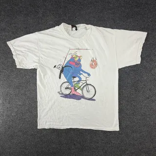 Photo of Vintage Mad Engine Monster Donut Bicycle Shirt Mens Large White 80s Graphic Tee