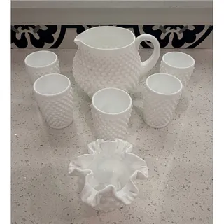 Photo of Vintage Fenton Milk Glass Hobnail Pitcher 5 Tumblers Ruffled Vase 7 Pc Set