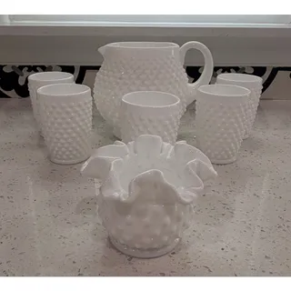 Photo of Vintage Fenton Milk Glass Hobnail Pitcher 5 Tumblers Ruffled Vase 7 Pc Set