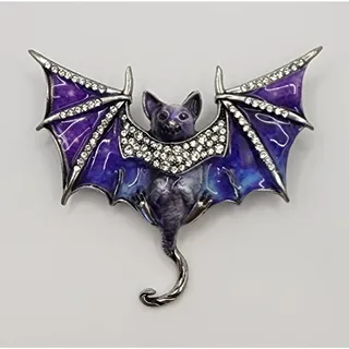 Photo of Glamorous Bat Brooch Purple Blue Enamel Rhinestone Wings Spread Halloween Gothic