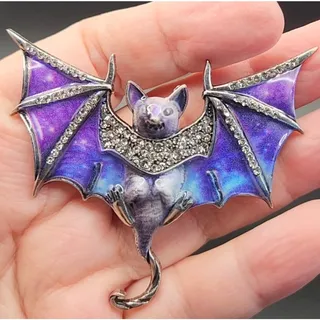 Photo of Glamorous Bat Brooch Purple Blue Enamel Rhinestone Wings Spread Halloween Gothic