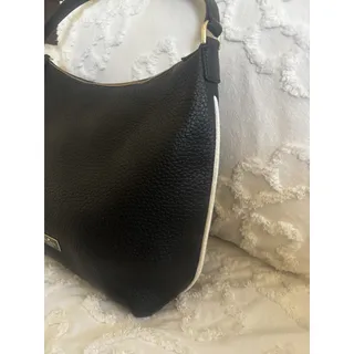 Photo of Kate Spade Black Pebbled Leather Hobo Style Shoulder Handbag With White Piping.
