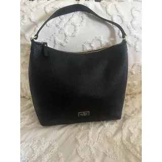 Photo of Kate Spade Black Pebbled Leather Hobo Style Shoulder Handbag With White Piping.