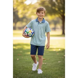Photo of Southern Shirt Youth Small Striped Performance Polo Blue Green White Golf Shirt YS 6/7