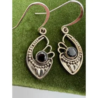 Photo of Sterling silver teardrop heart shaped black stone earrings