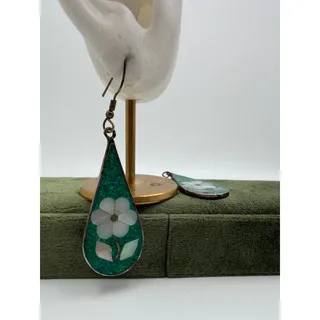 Photo of vintage Mexican alpaca silver teardrop earrings turquoise chip inlay mop