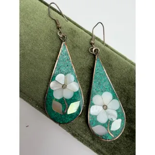 Photo of vintage Mexican alpaca silver teardrop earrings turquoise chip inlay mop