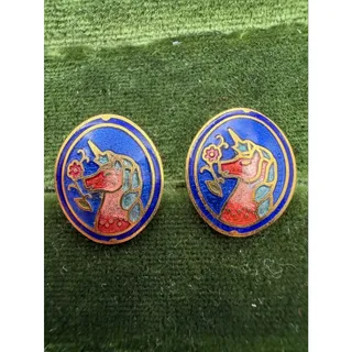 Photo of Unicorn Cloisonne oval studs Earrings 1980s Retro Vintage