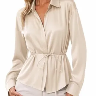Photo of Satin Blouses Silky Dress Shirts V Neck Button Down