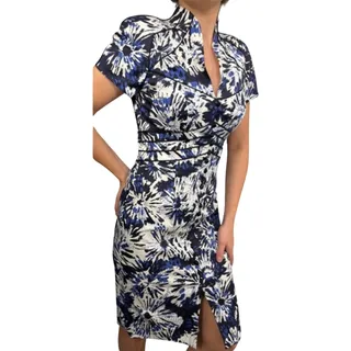 Photo of Theia Blue White Black Floral Faux Button Front Mandarin Collar Sheath Dress 2