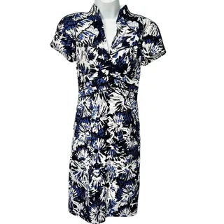 Photo of Theia Blue White Black Floral Faux Button Front Mandarin Collar Sheath Dress 2