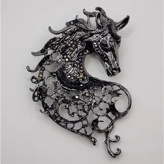 Photo of Horse Brooch Whimsical Openwork Rhinestone Brooch Animal Black Stones Dark Metal