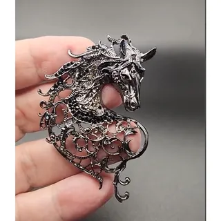 Photo of Horse Brooch Whimsical Openwork Rhinestone Brooch Animal Black Stones Dark Metal