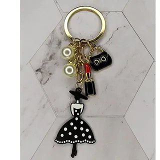 Photo of Fashion Lady Bag Charm Keychain Purse Lipstick Faux Pearls Black Enamel
