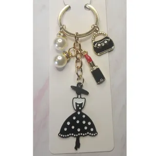 Photo of Fashion Lady Bag Charm Keychain Purse Lipstick Faux Pearls Black Enamel