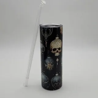 Photo of Dark Christmas Tumbler With Lid & Straw 20 oz Elegant Gothic Skulls Ornaments