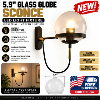 Photo of 5.9" Glass Globe Wall Sconce LED Light Fixture Industrial Matte Black NEW