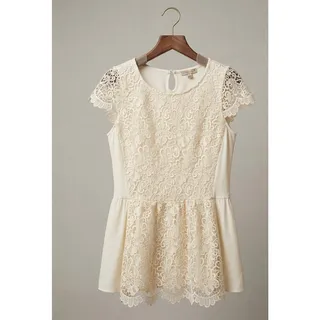Photo of Cremieux Ivory Floral Crochet Lace Peplum Blouse Short Sleeve Top