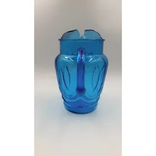 Photo of Vintage Aqua Blue Glass Ice Lip Pitcher Swag Wave 64 Oz MCM 9.5 Inch